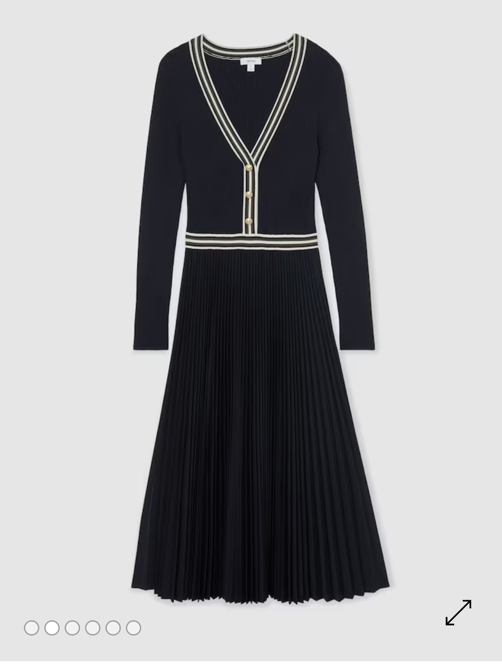 Reiss Gaia navy V-Neck Pleated Long-Sleeve Midi Dress - Picture 2 of 10